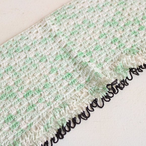 Vintage Crochet Doily in Green and White And Black,  Long Table Scarf, Woven - Picture 3 of 10